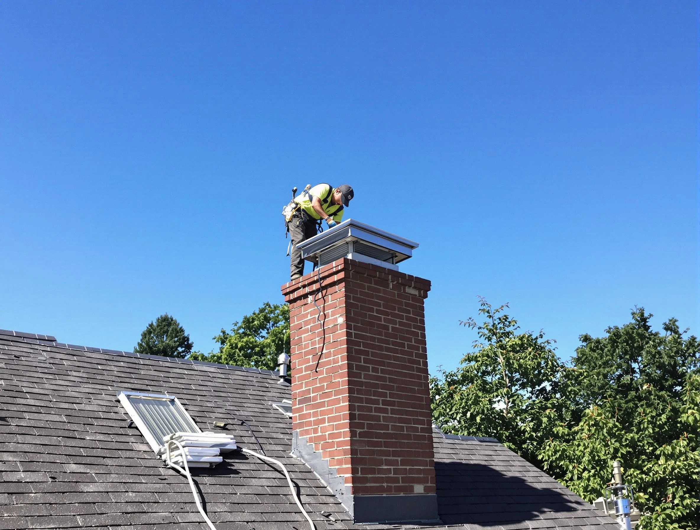 Fairmount Chimney Sweep technician measuring a chimney cap in Fairmount, CO
